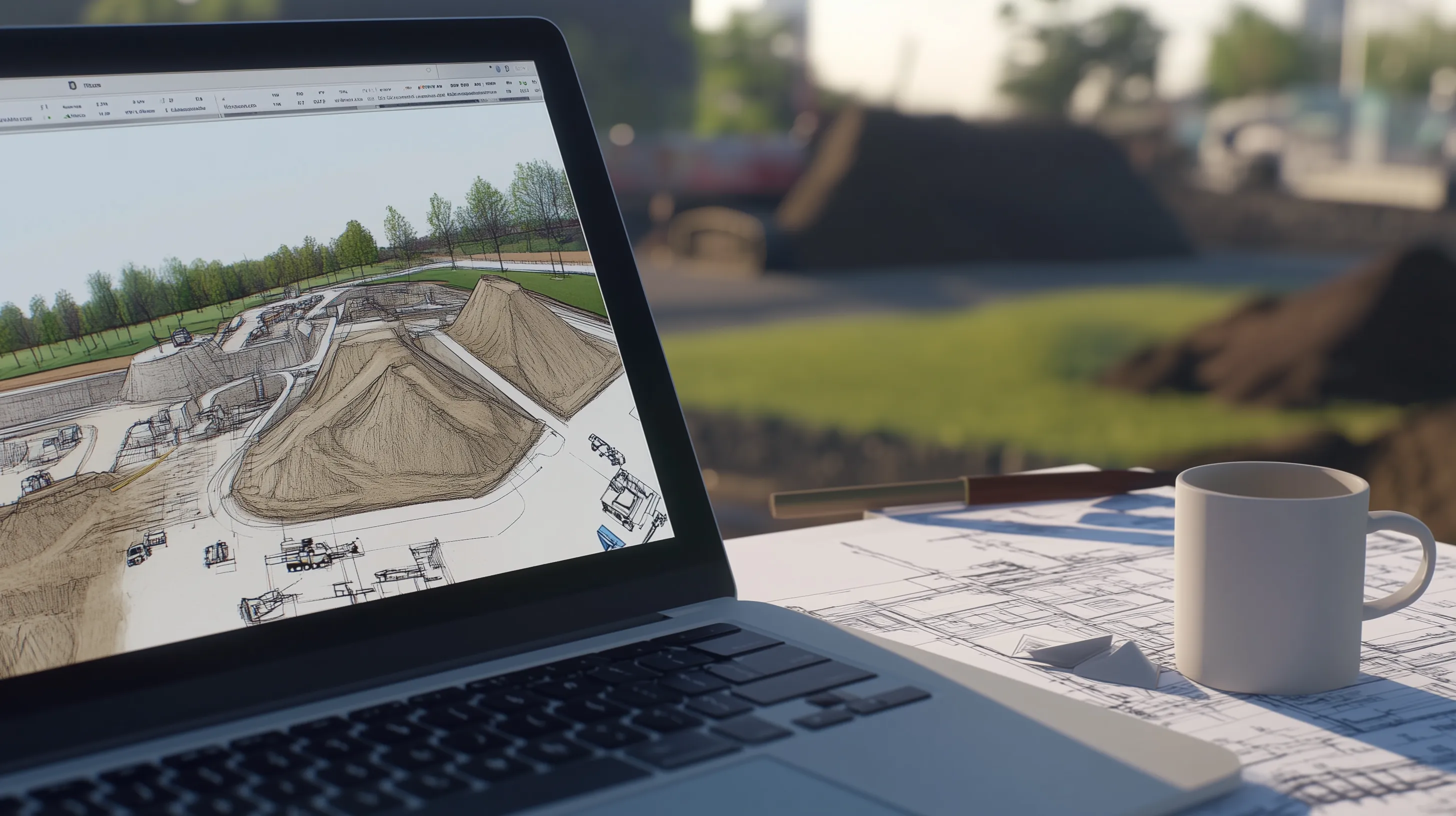 Close-up of an engineer's laptop screen displaying a 3D machine control grading model